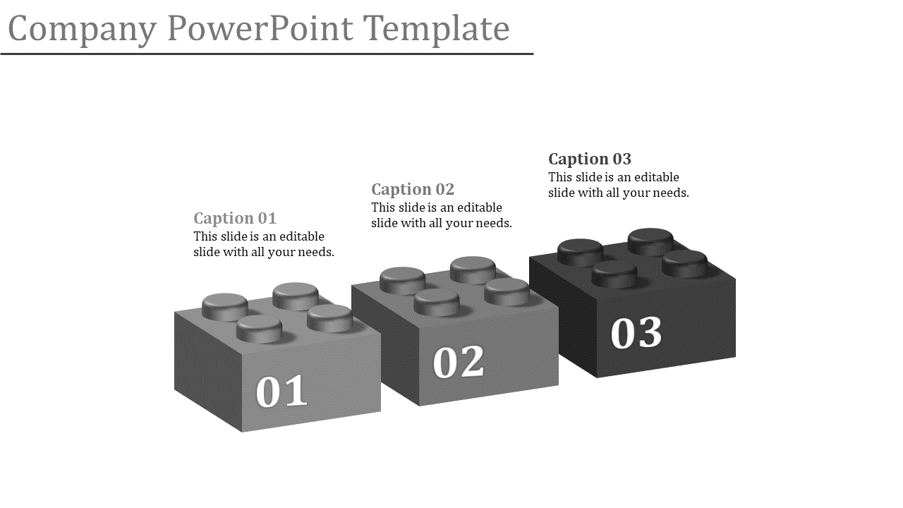 Three grey 3D Lego blocks in varying shades, each with numbered captions for a company PowerPoint template.