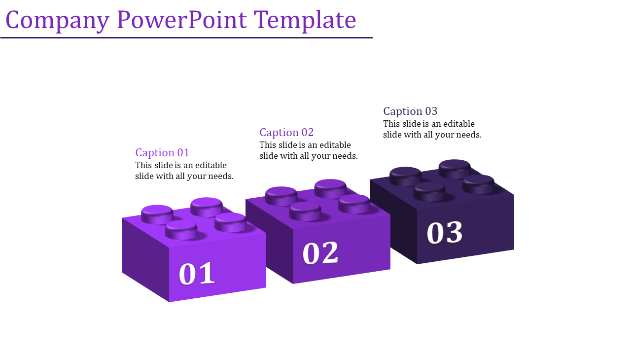 Company PowerPoint template featuring three 3D purple Lego blocks, each with a numbered caption.