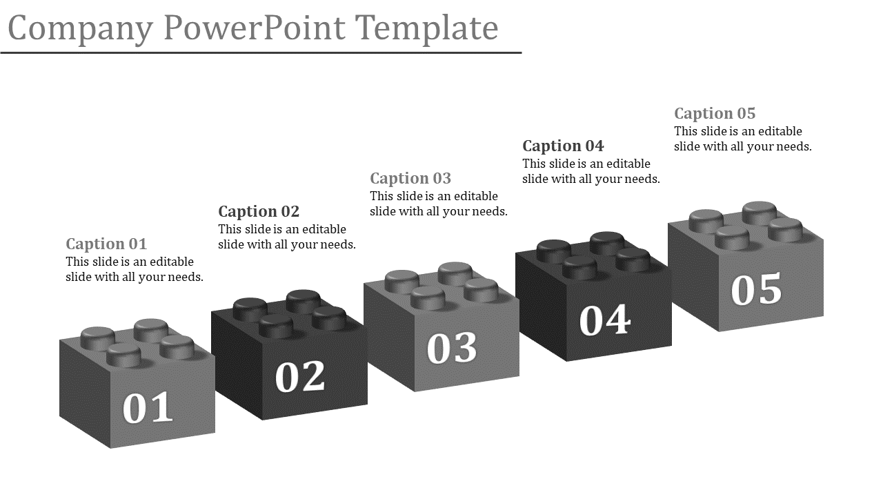 Gray 3D blocks resembling building bricks, numbered 01 to 05, arranged in a step layout with captions above.