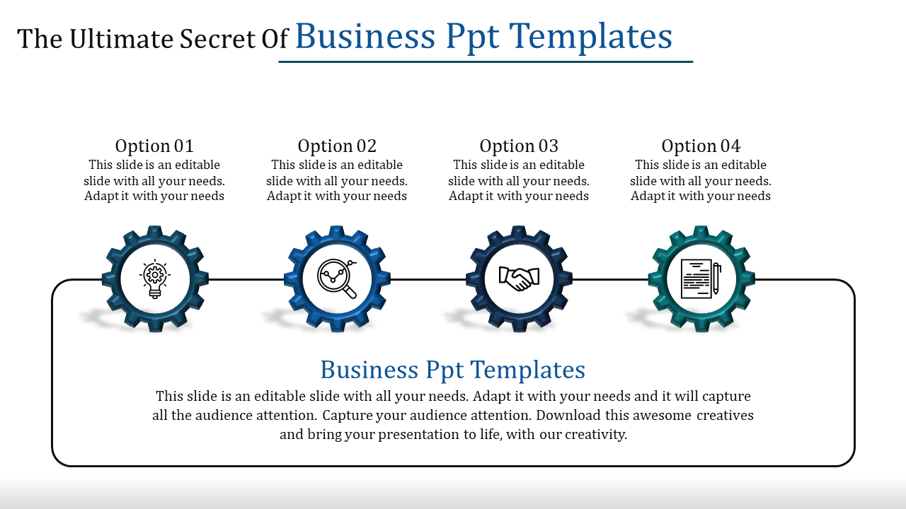 Business PowerPoint template featuring four gear icons with different options and descriptions for each option.