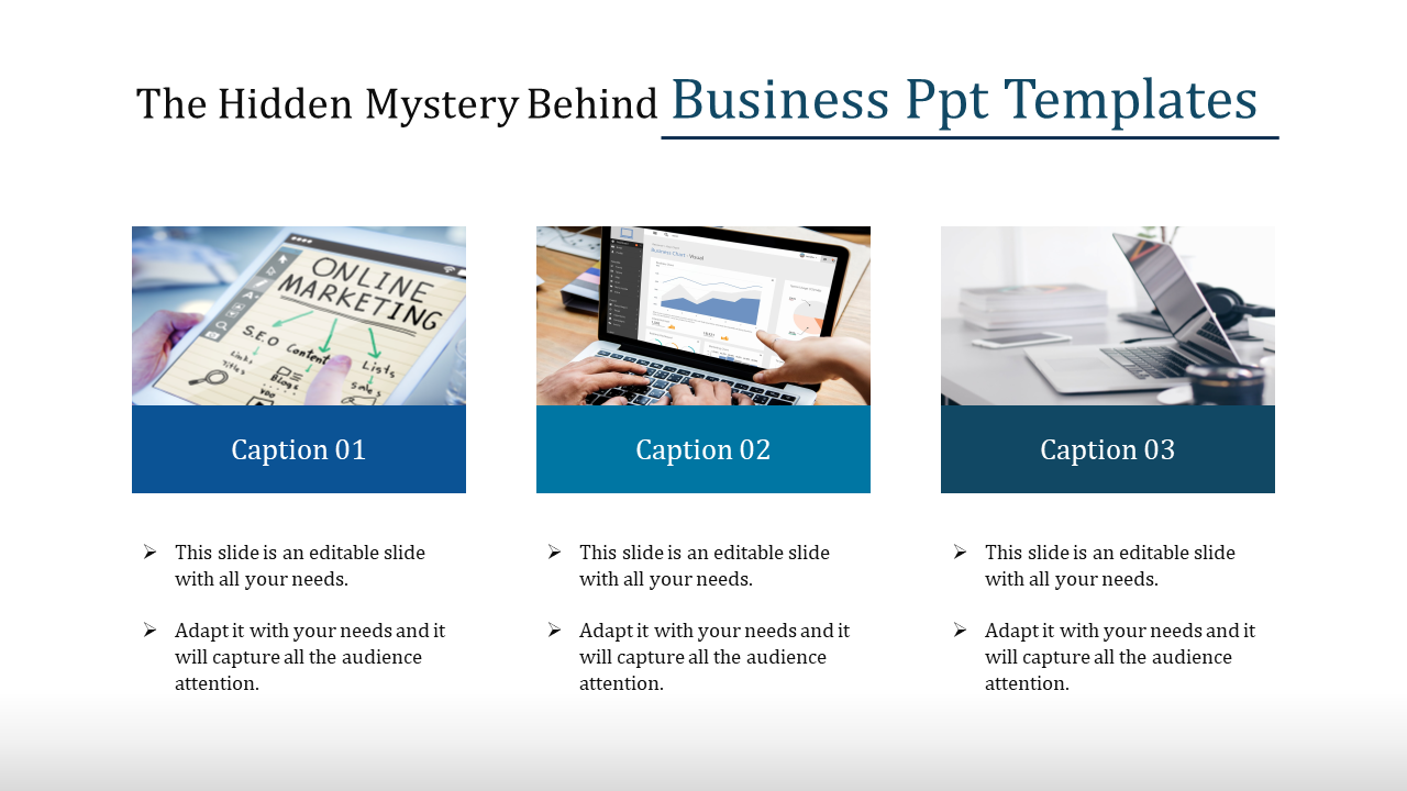 Business slide with three images of a marketing document, a laptop with graphs, and an office desk setup, with blue captions.
