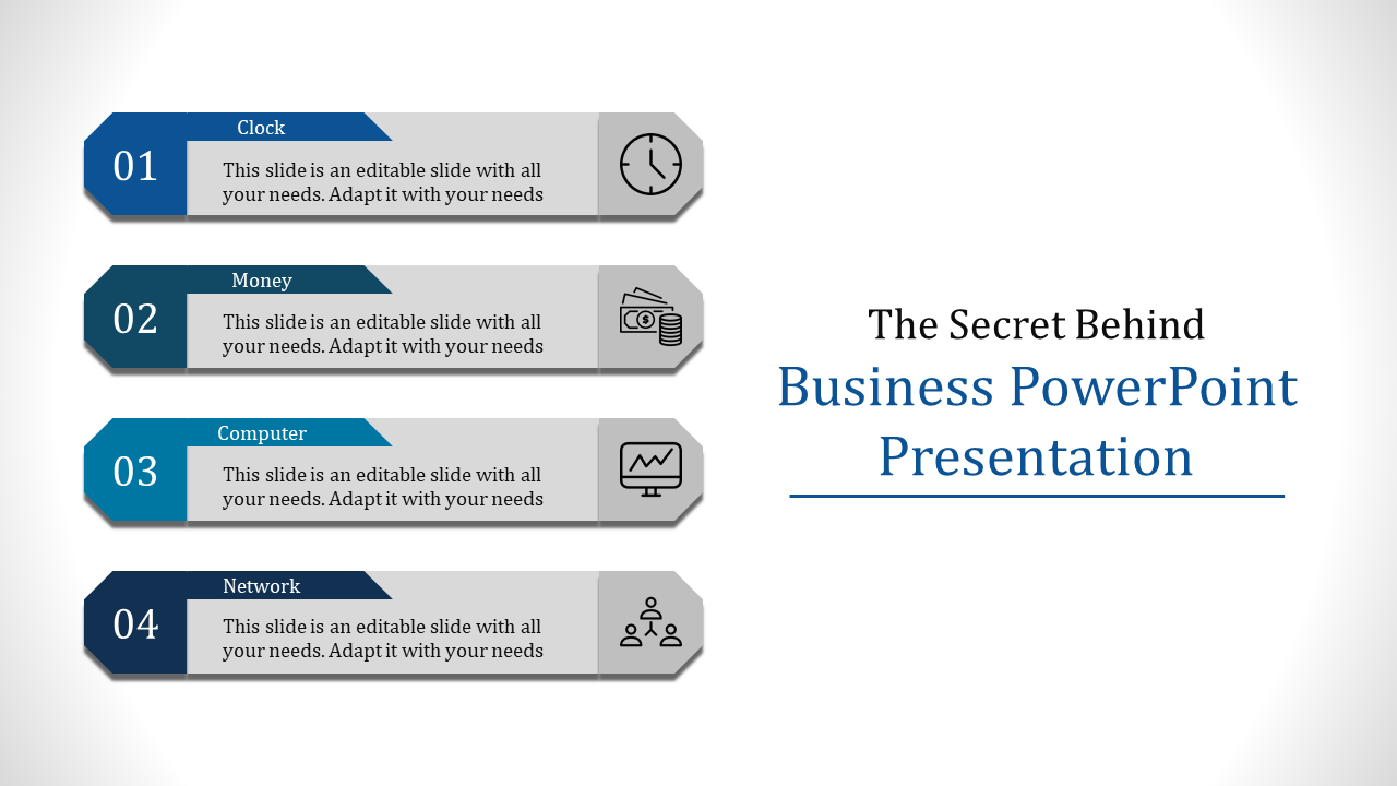 Slide featuring four horizontal banners in blue and gray numbered 01 to 04, with icons and text describing business elements.