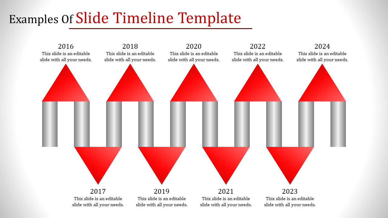 Timeline template with red arrows and metallic columns, displaying yearly milestones from 2016 to 2024 with placeholder text.