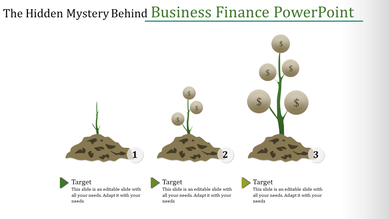 Three step green plant growth concept showing dollar symbols on branches, set on white background with text placeholders.