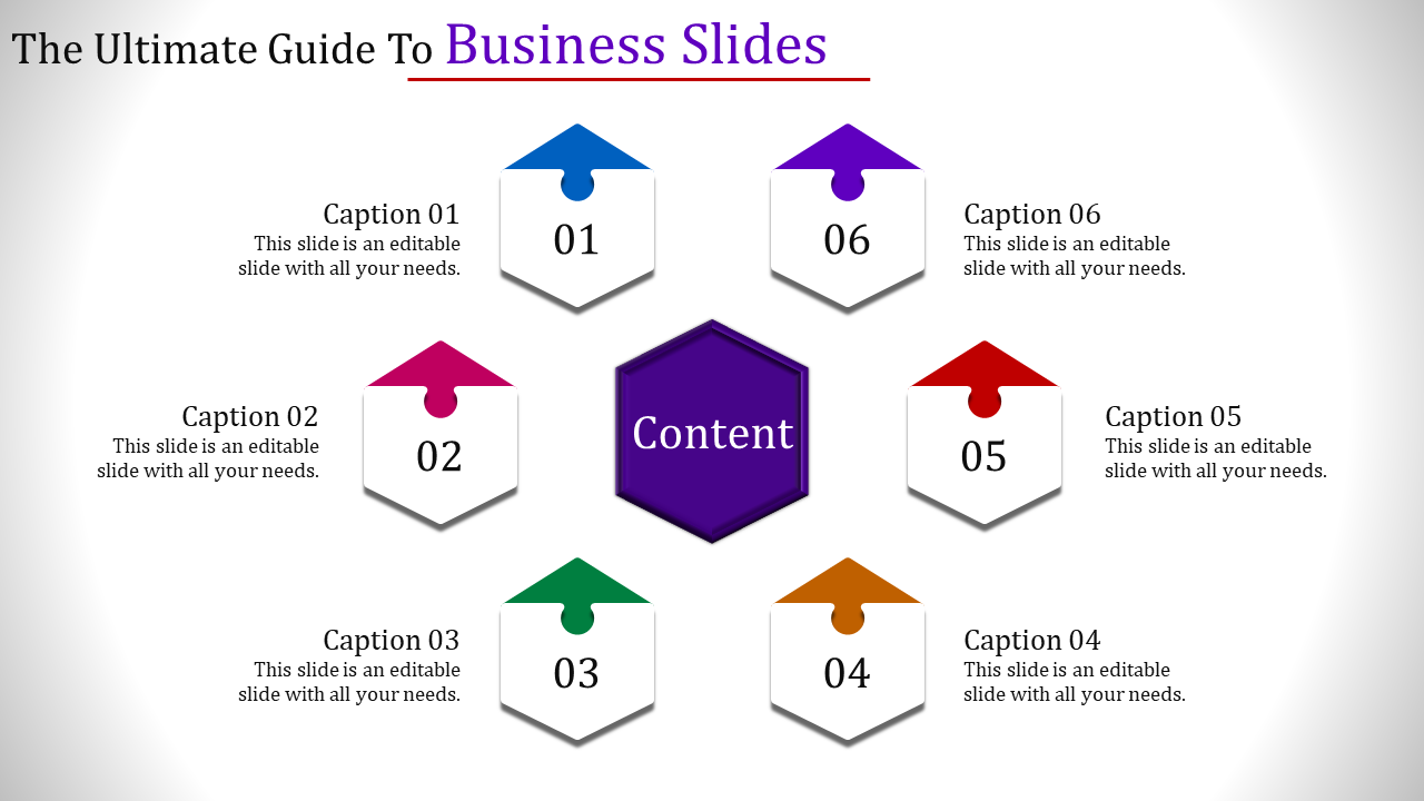 Business template featuring a central purple content area surrounded by six colorful arrow-shaped sections.