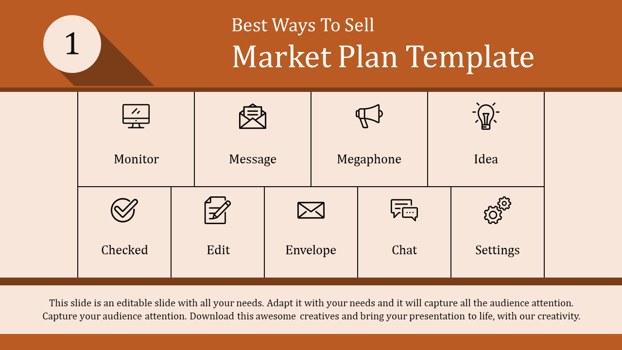 Market plan template with nine labeled icons, including monitor, message, chat, and settings, on a beige background.