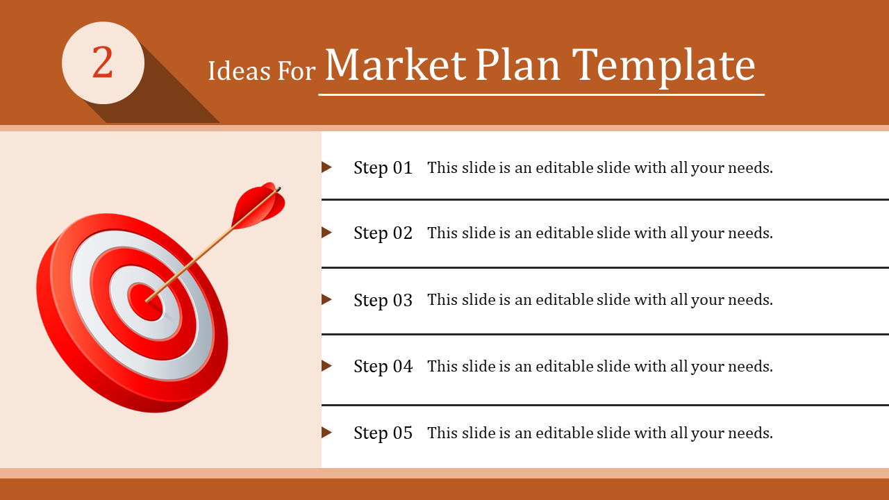 Orange themed market plan slide with a red bullseye and arrow on the left, and five steps listed on a white background.