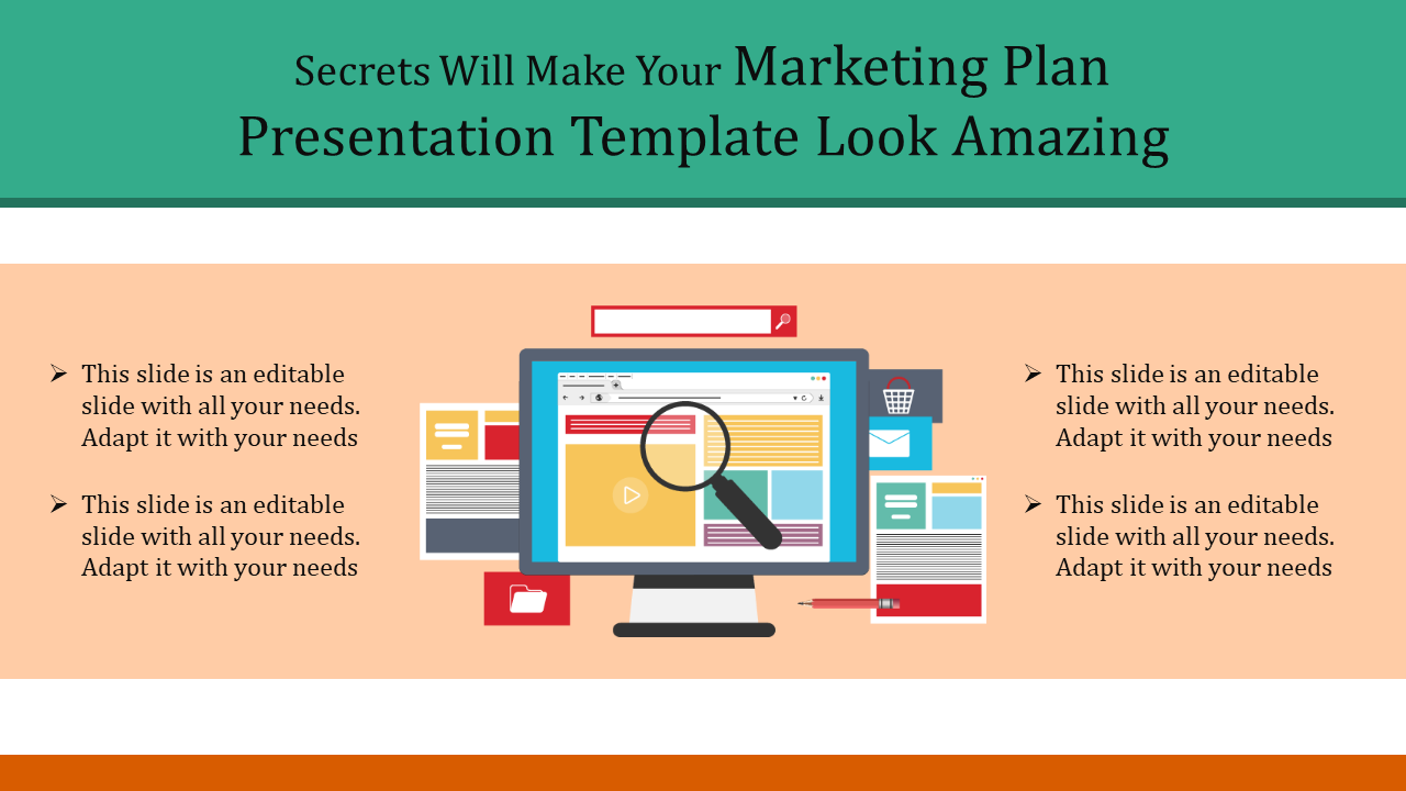 Marketing plan presentation template with a computer screen, a magnifying glass, and various documents surrounding it.