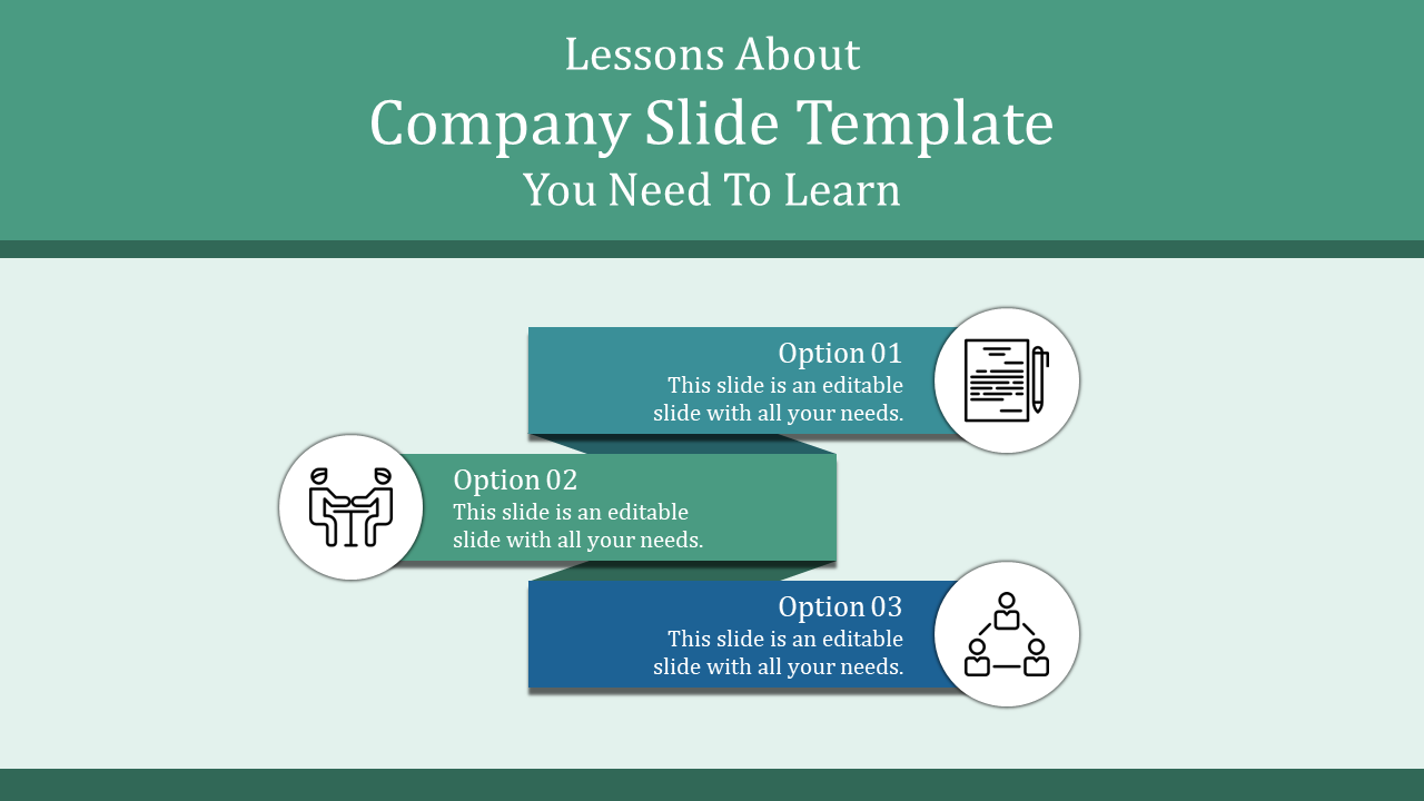 Digital company slide three rectangles labeled options 01, 02, and 03, with icons for writing, meeting, and organization.