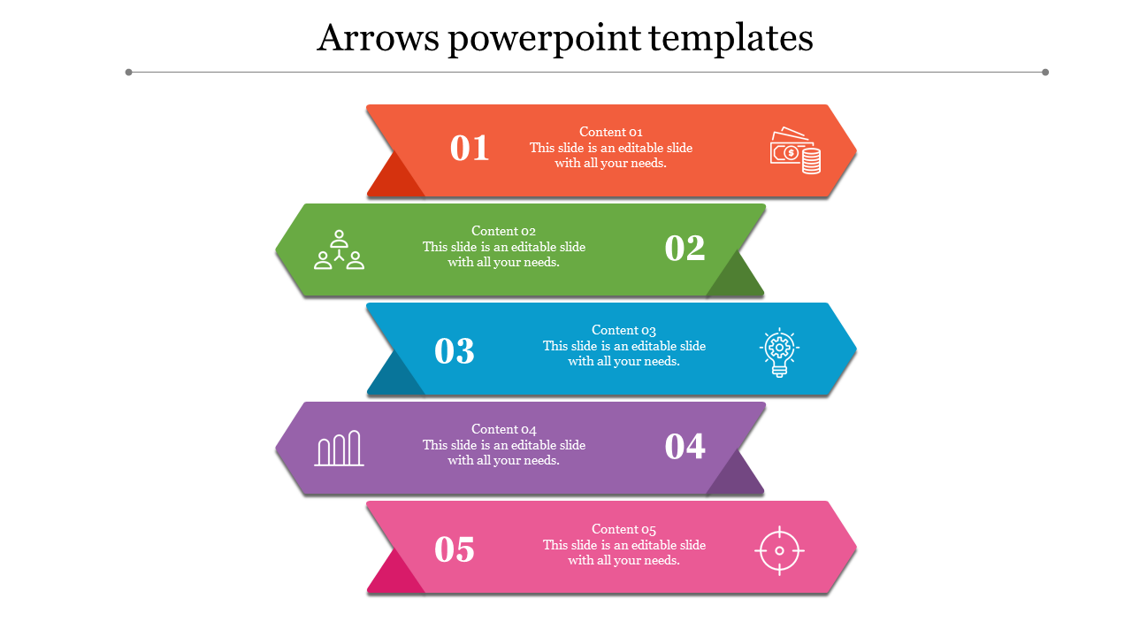 Five colorful horizontal arrows stacked vertically, numbered 01 to 05, with icons and text placeholders.