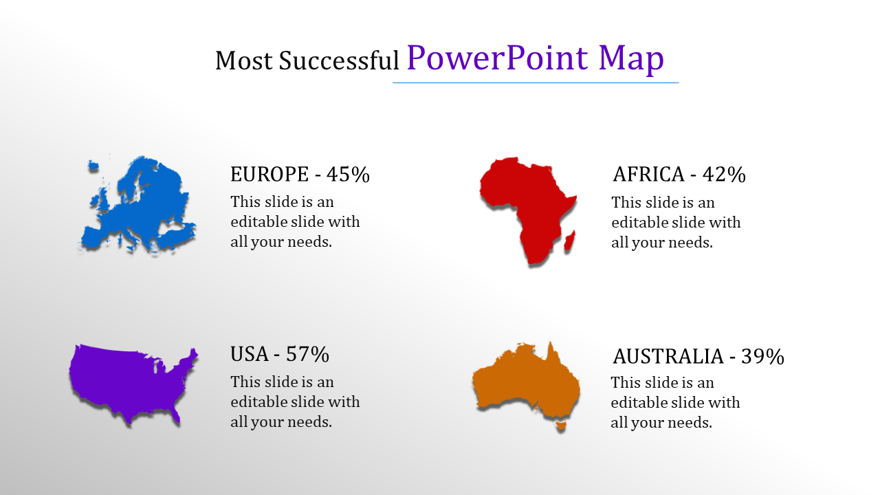 Slide showing four colorful country maps in blue, red, purple, and orange, associated with percentages and captions.