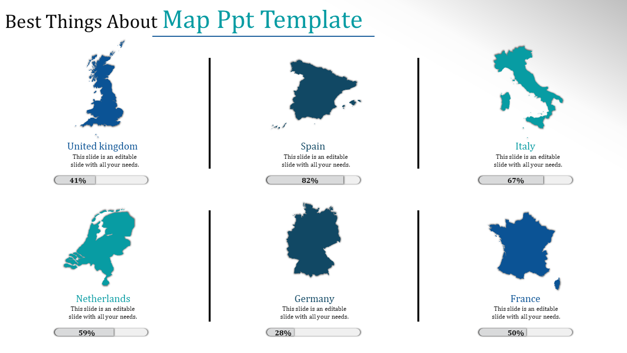 Map based slide with countries like the UK, Spain, Italy, Netherlands, Germany, and France, each displaying a progress bar.