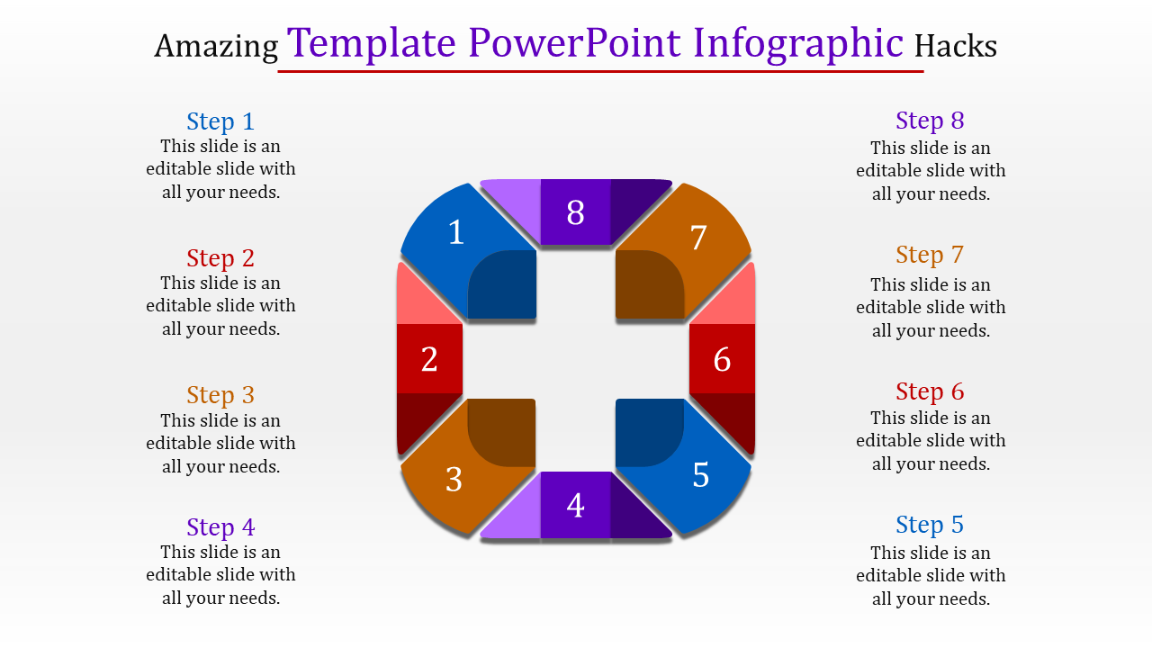 Circular infographic with eight numbered steps, color-coded in blue, red, orange, and purple, forming a square layout.