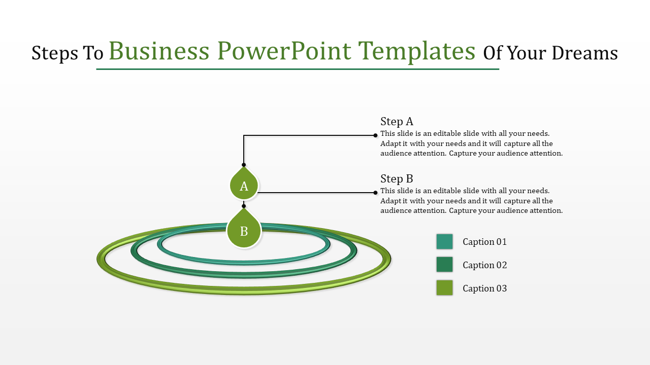 Business PowerPoint template with concentric circles and two steps labeled A and B, featuring captions.