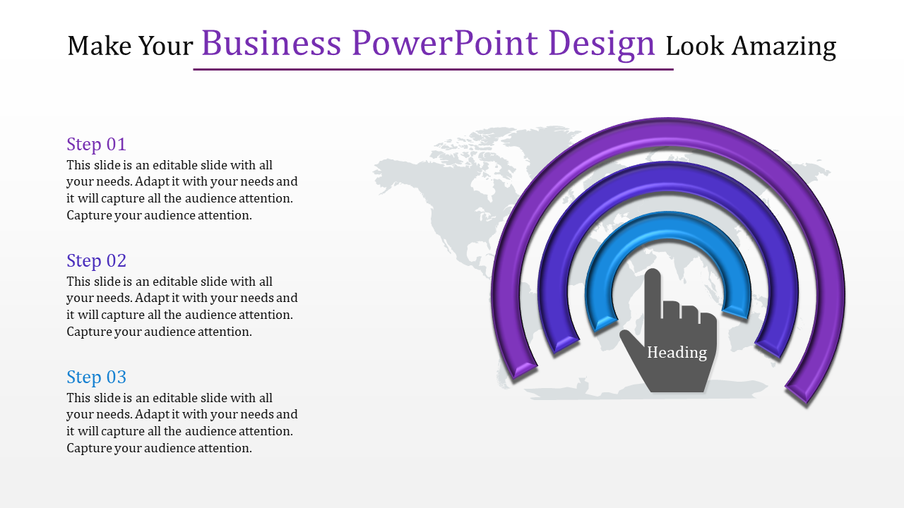 Three purple and blue concentric arcs with a hand icon pointing to a center heading, alongside step descriptions.
