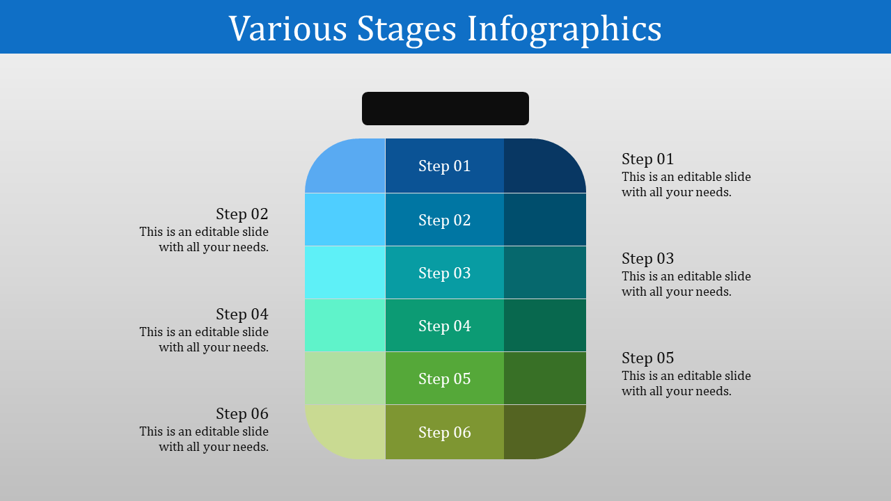 Six-stage infographic with a jar layout, featuring gradient color blocks labeled sequentially from Step 01 to Step 06.