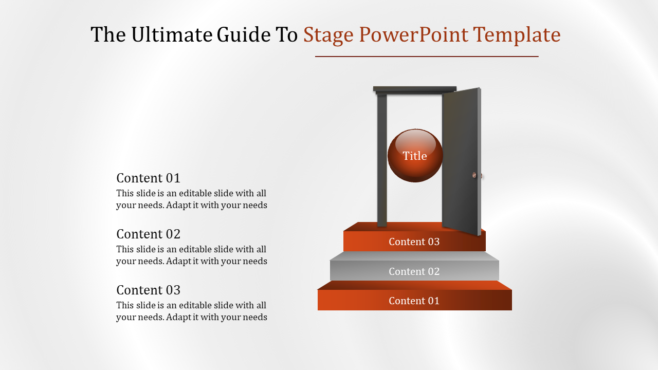 Three steps in red and gray leading to an open door with a red sphere, aligned with content on the left.