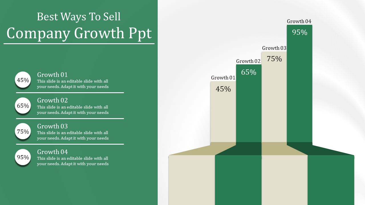 Company growth PowerPoint template showing four growth stages with corresponding bar chart visuals.