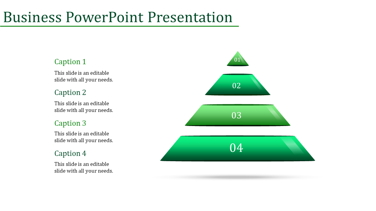 Business slide featuring a four-tier green pyramid and corresponding captions areas for each level.