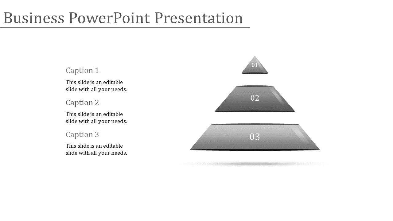 Gray pyramid with three layers labeled 01, 02, and 03, paired with captions aligned to the left side.