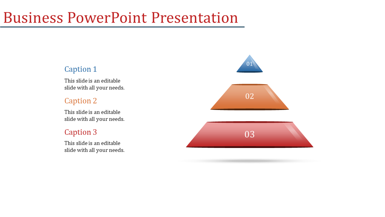Business hierarchy pyramid with glossy 3D layers in blue, orange, and red, aligned with matching step captions.