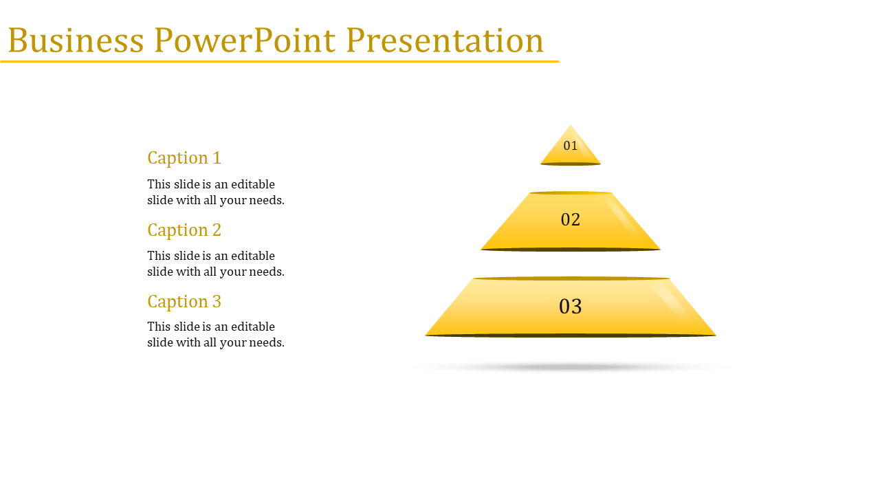 Business hierarchy pyramid with a shiny 3D effect in yellow, showing three levels and aligned with step captions.