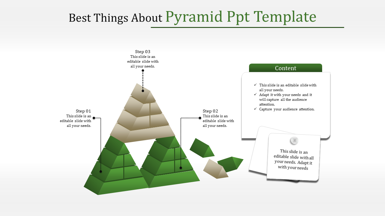 PowerPoint slide with a pyramid diagram showing three levels, labeled Step 03, along with a content section.