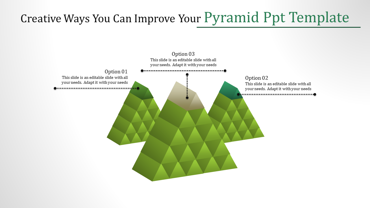 PowerPoint slide featuring three green pyramids with dotted lines connecting three options to each pyramid.