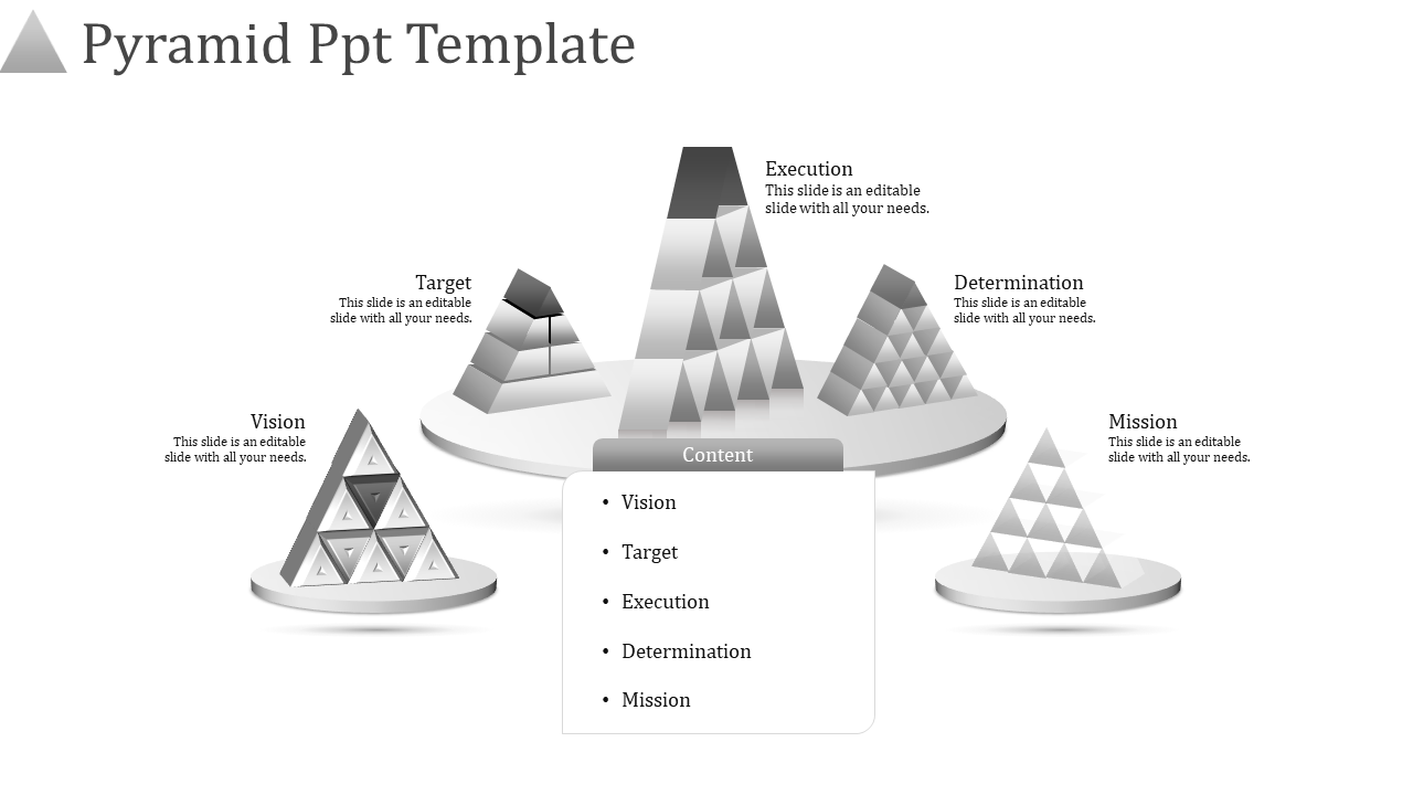 Grayscale pyramid models centered on a circular platform, with labeled sections and a content list at the bottom.
