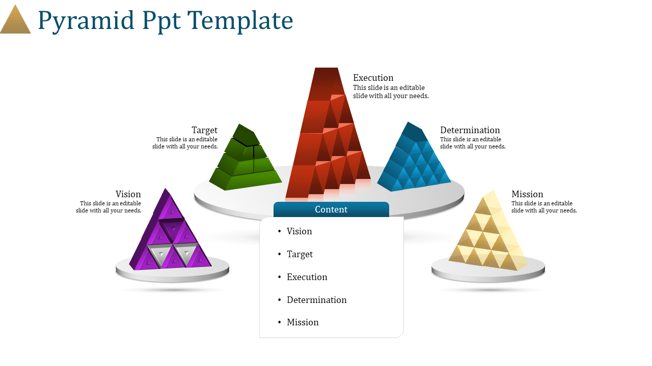 Five triangular 3D pyramids in purple, green, red, blue, and yellow with a central content area listing key points.