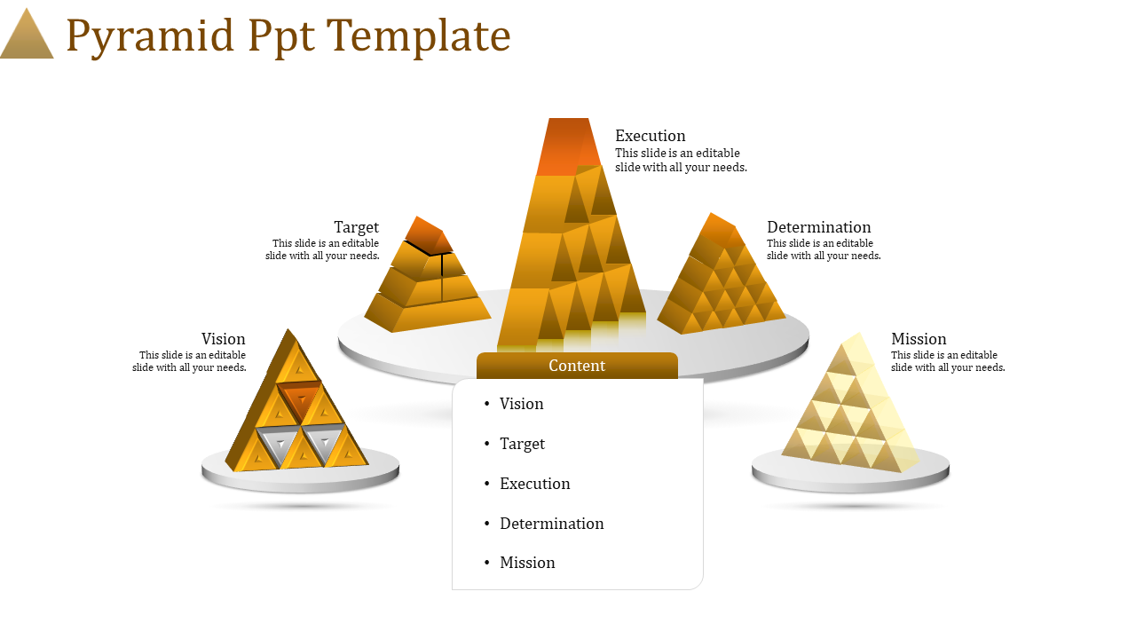 Gold-colored pyramid-themed slide with a central content list and labeled sections including vision and mission.