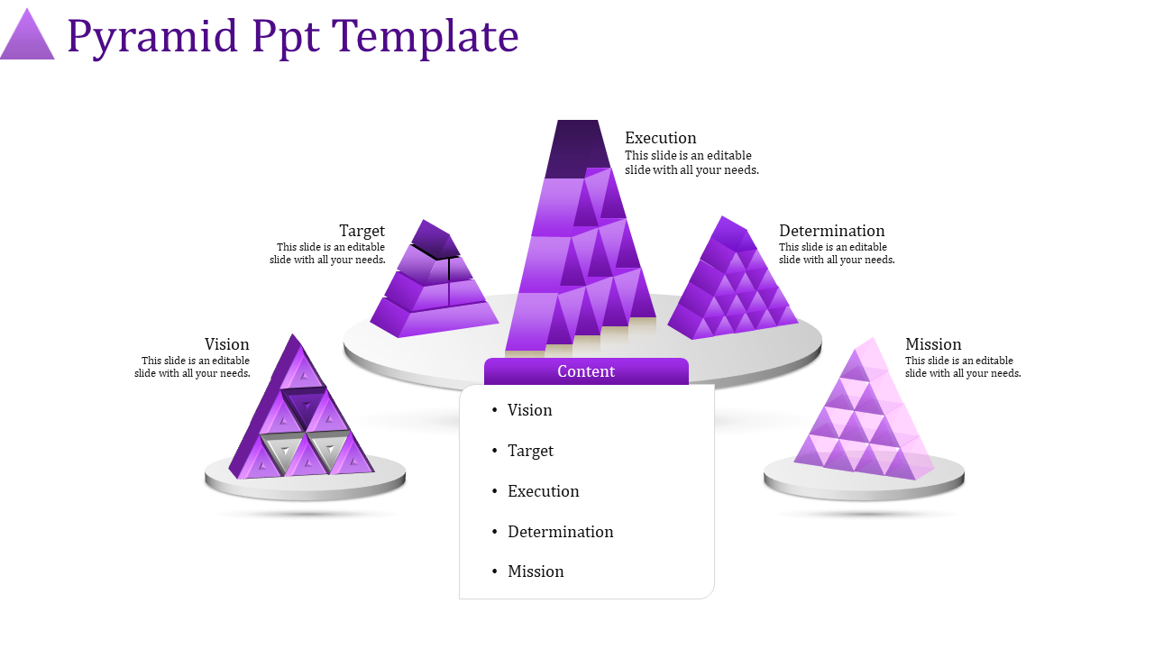 Purple-themed pyramid models with labeled sections from vision, and mission, arranged around a central content list.