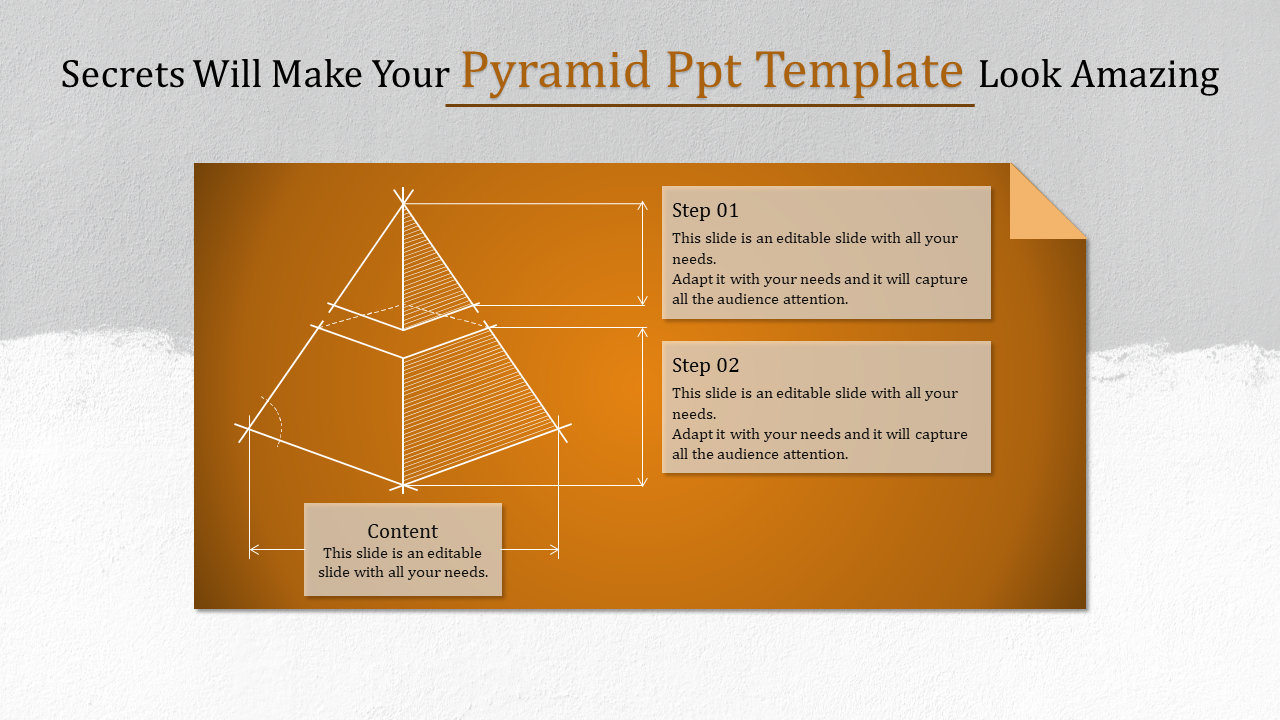 3D pyramid diagram on an orange background with labeled steps and content boxes for a structured layout.