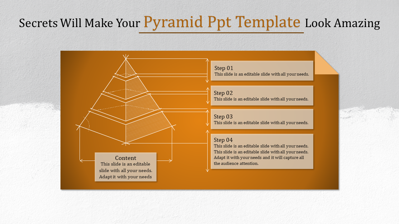 Pyramid PowerPoint template with four steps, featuring a 3D pyramid diagram and text boxes for each step.