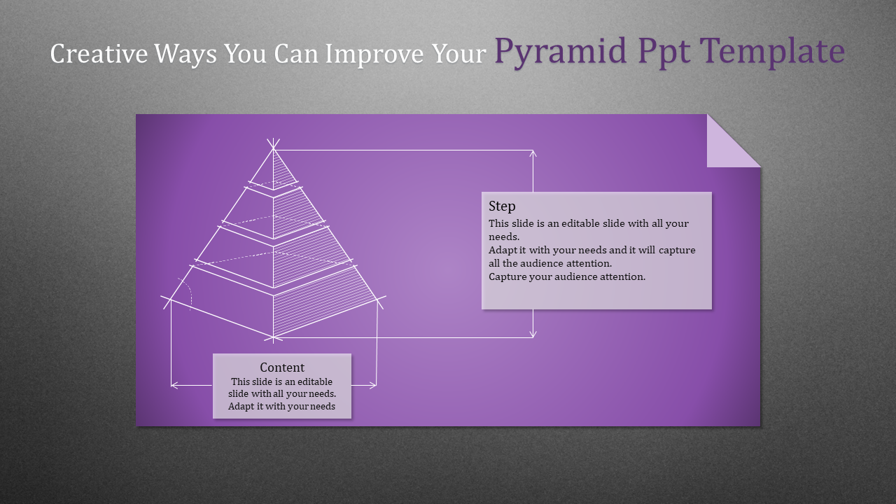 Pyramid diagram with measurement arrows and two text boxes for steps and content on a gradient purple slide.