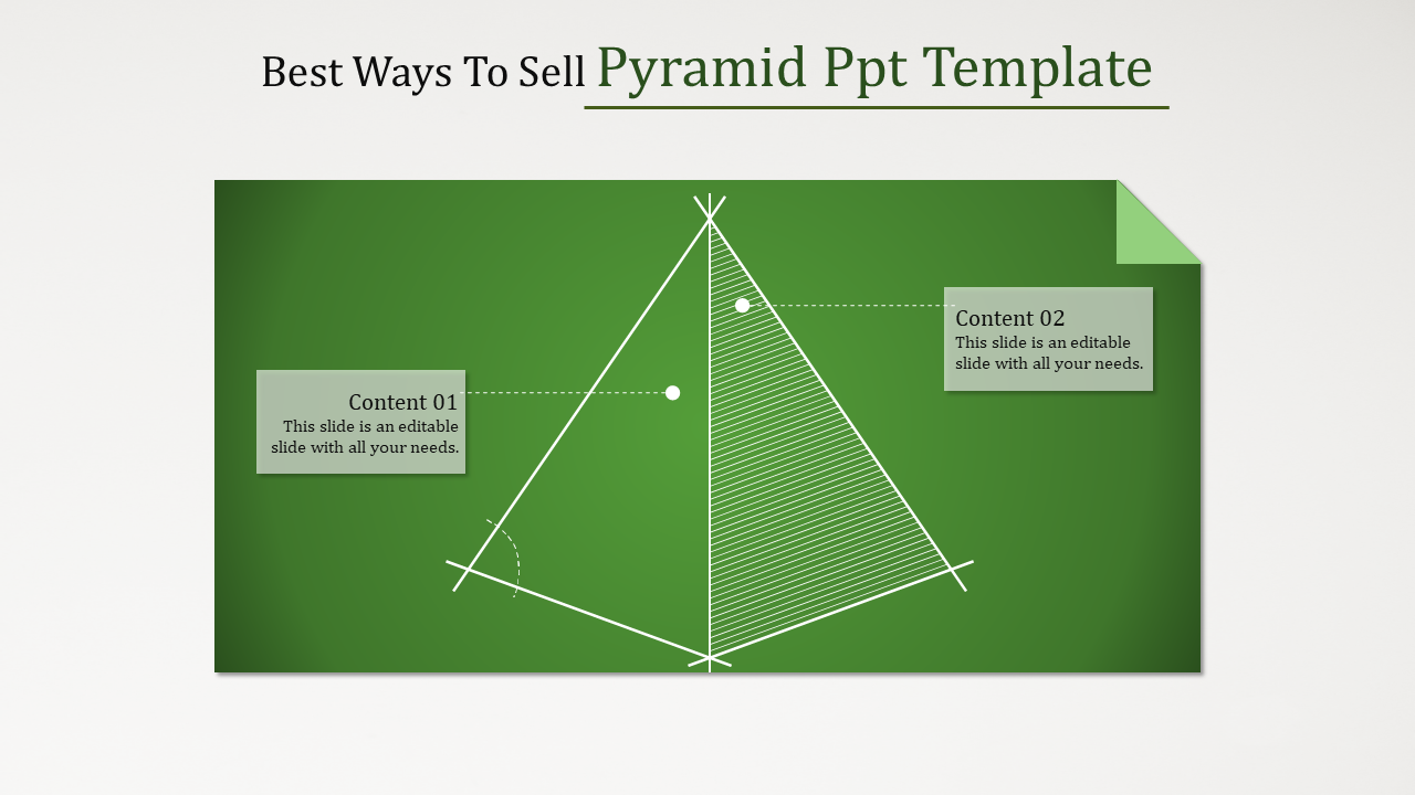 Green slide with a wireframe pyramid diagram and two content boxes labeled content 01 and content 02.