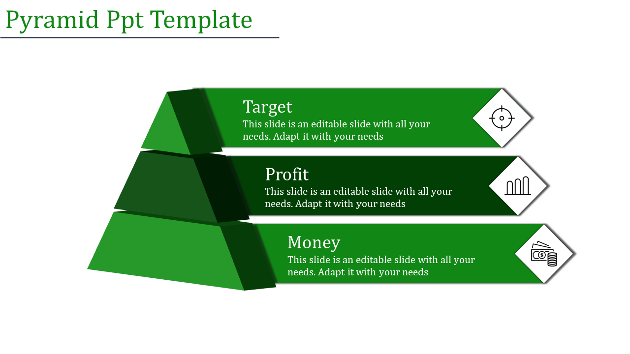 Green 3D pyramid diagram with three horizontal sections labeled as target, profit, and money, featuring icons.