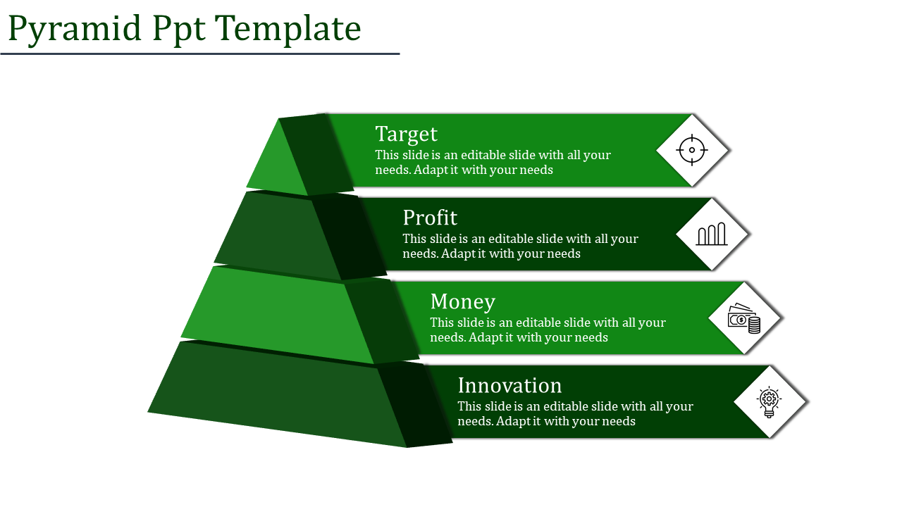 Horizontal pyramid template with four green layers, each labeled and paired with icons representing targets.