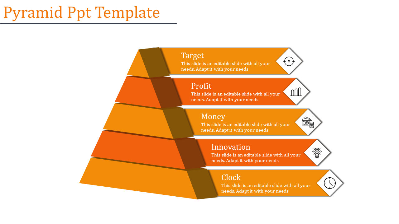 Horizontal pyramid template with five orange layers, each labeled and paired with icons representing targets and time.