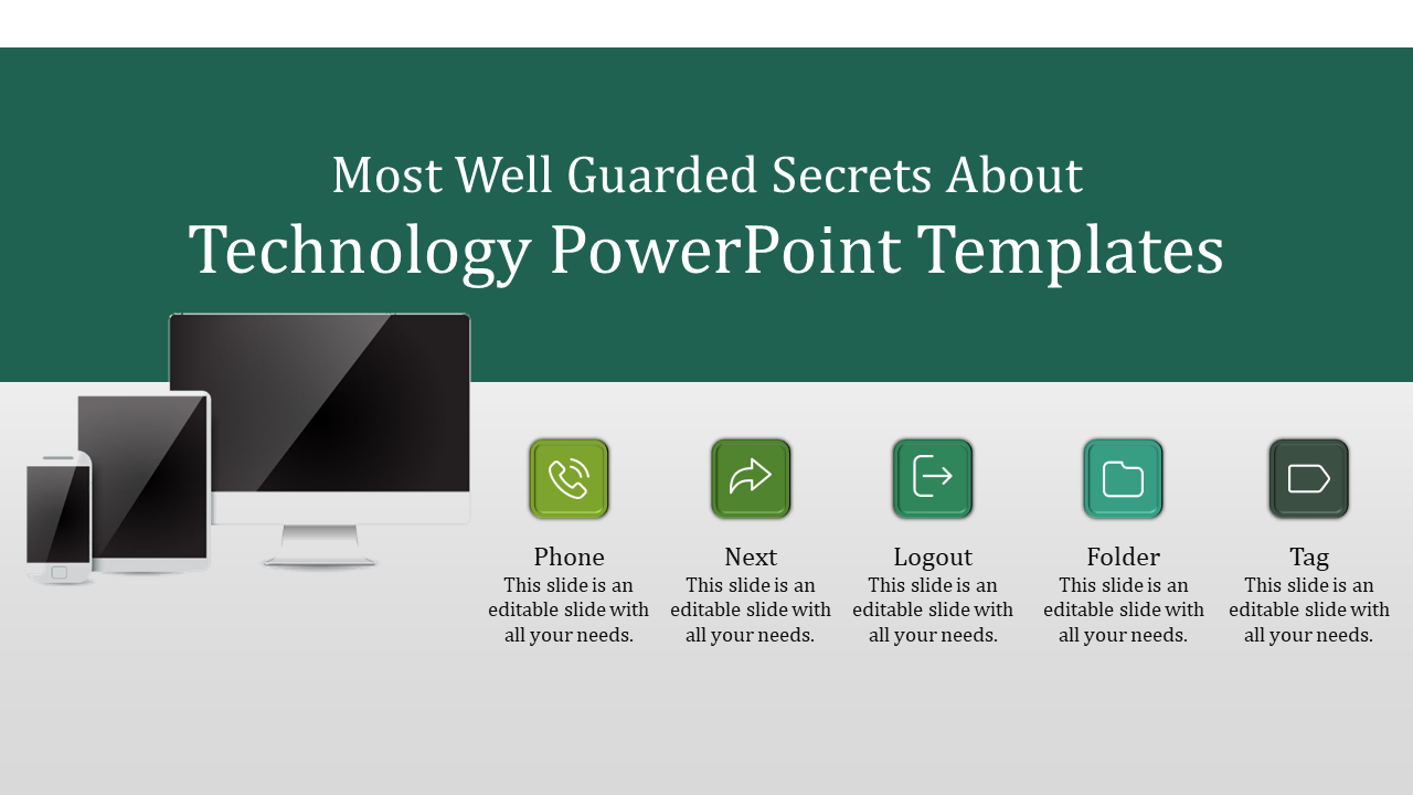 Technology slide with icons of device monitor, tablet, phone and green placeholders labeled phone, next, logout, folder, tag.