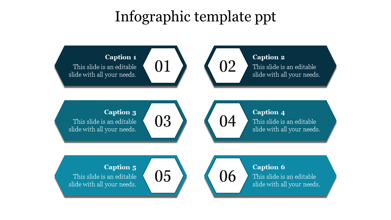 Six horizontal banners with hexagonal number labels, arranged in two rows of three, in shades of blue and teal.