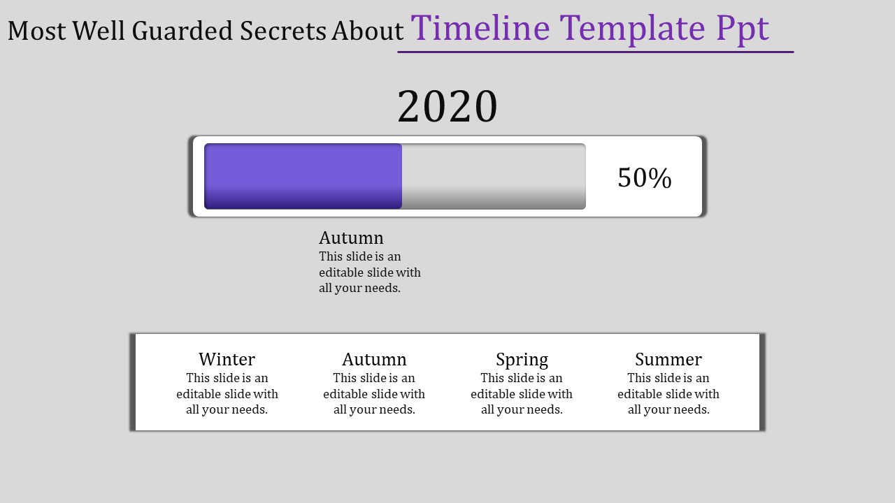 2020 timeline slide with a purple progress bar at half capacity and a lower section divided into four seasonal blocks.
