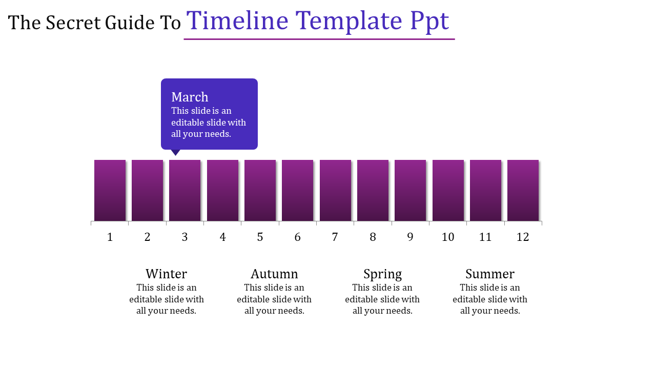 Timeline chart with 12 purple bars representing months, highlighting March in blue box and four seasons labeled below.