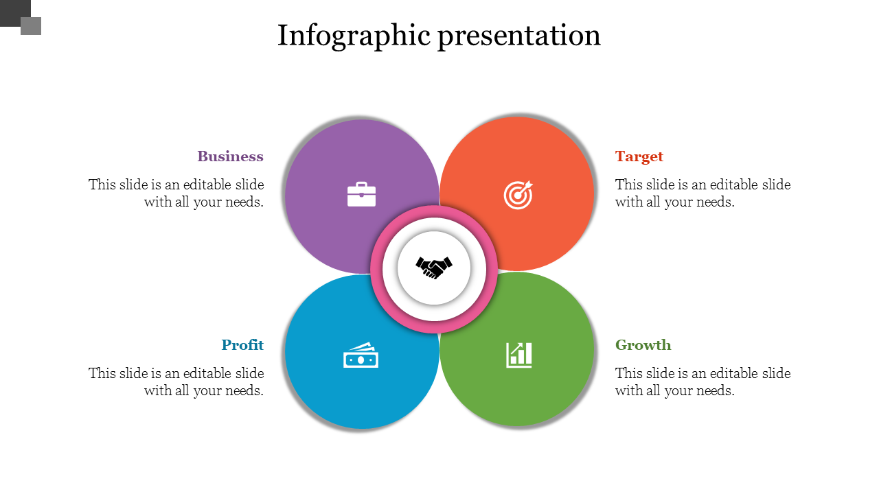 Circular infographic with four segments in purple, orange, blue, and green, centered around a handshake icon.