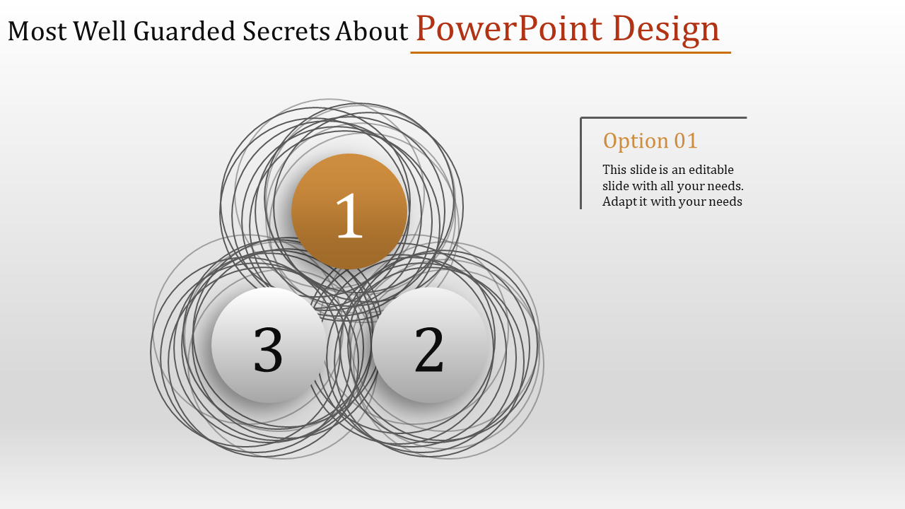 Three circular elements numbered 1, 2, and 3 with abstract spiral patterns, one gold and two white, and an option box.