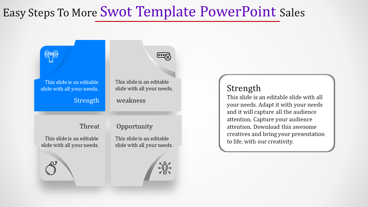 SWOT analysis slide with sections for Strengths, Weaknesses, Opportunities, and Threats with placeholder text and icons.
