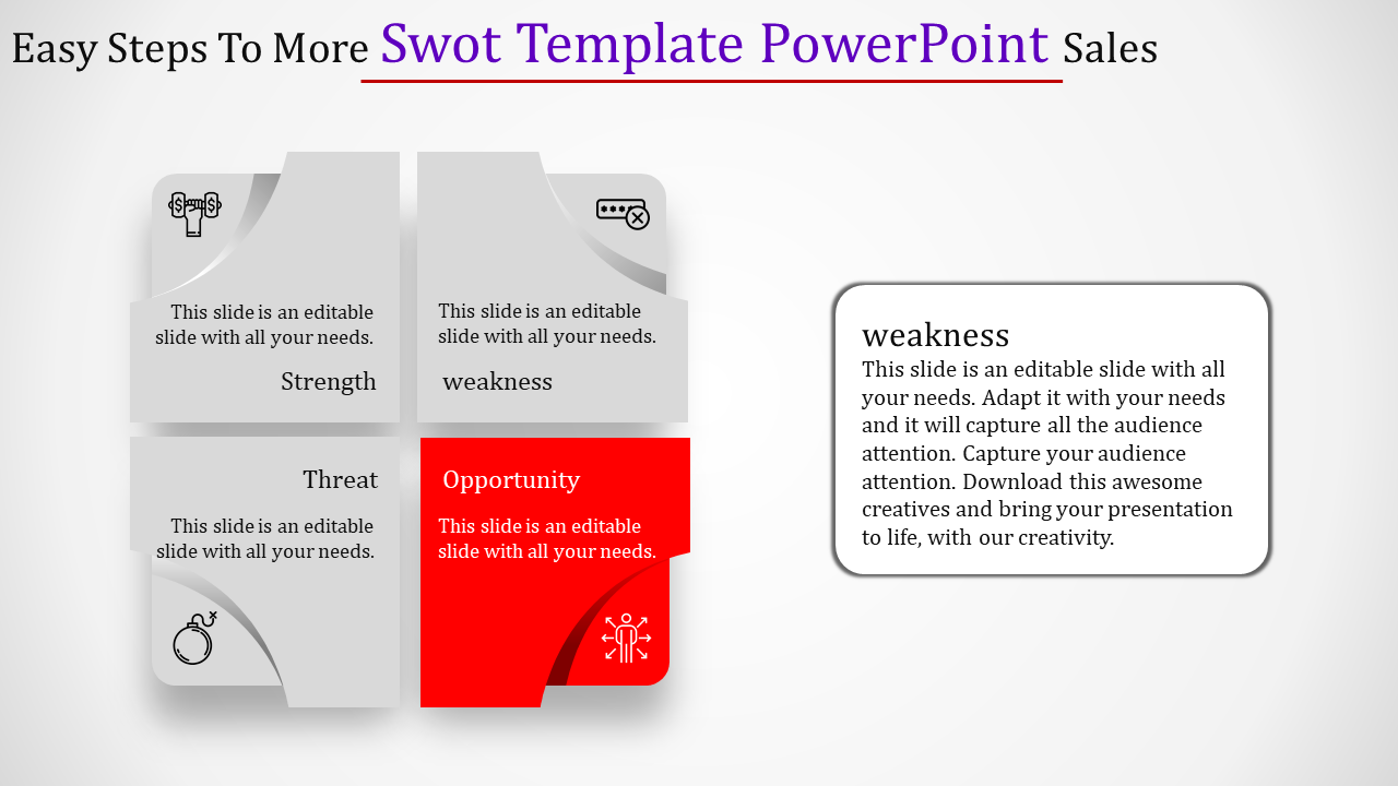 SWOT analysis sections for Strengths, Weaknesses, Opportunities, and Threats with icons and captions.
