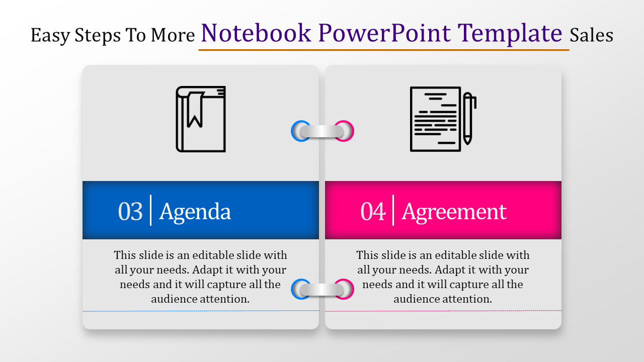 PowerPoint template designed like a notebook with tabs labeled Agenda and Agreement with icons and text descriptions.