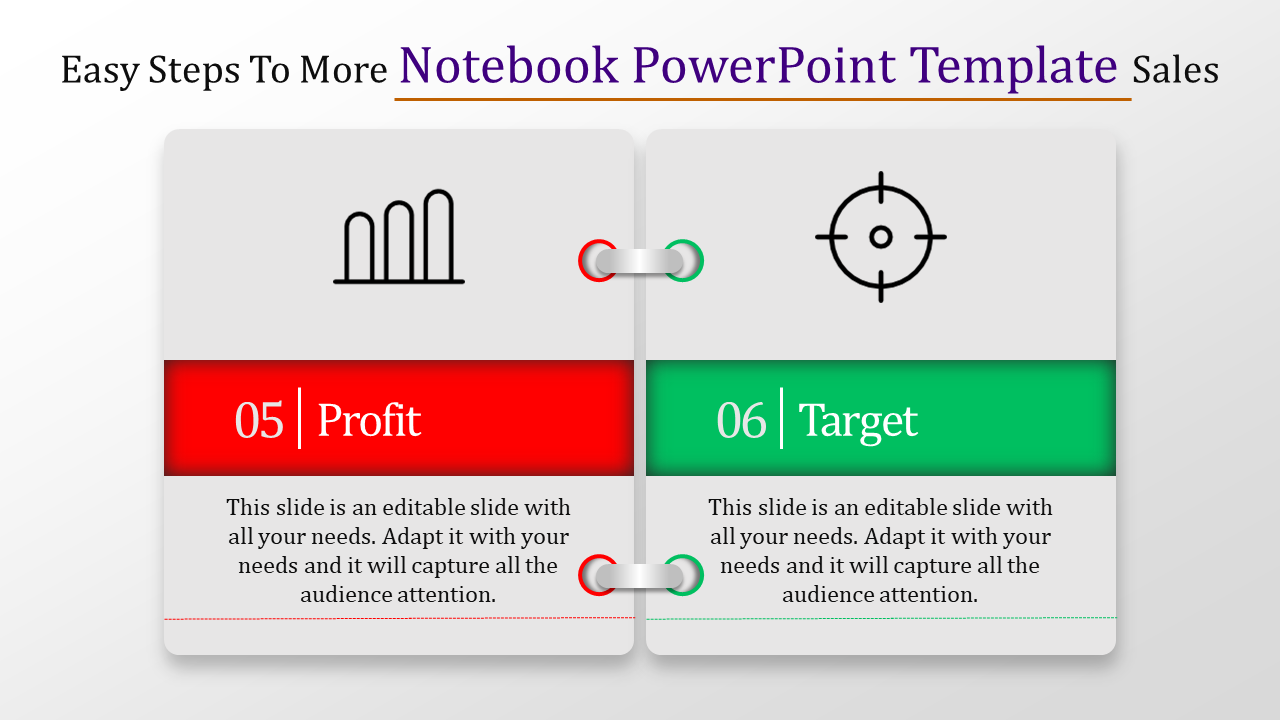 Notebook themed design with two pages in red and green, featuring icons and text, on a white background.