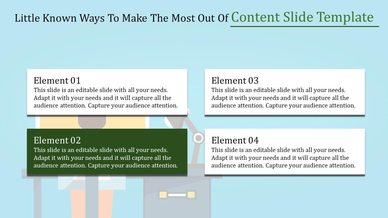 Professional slide with four content sections, one highlighted in green, on a light blue background with subtle design.